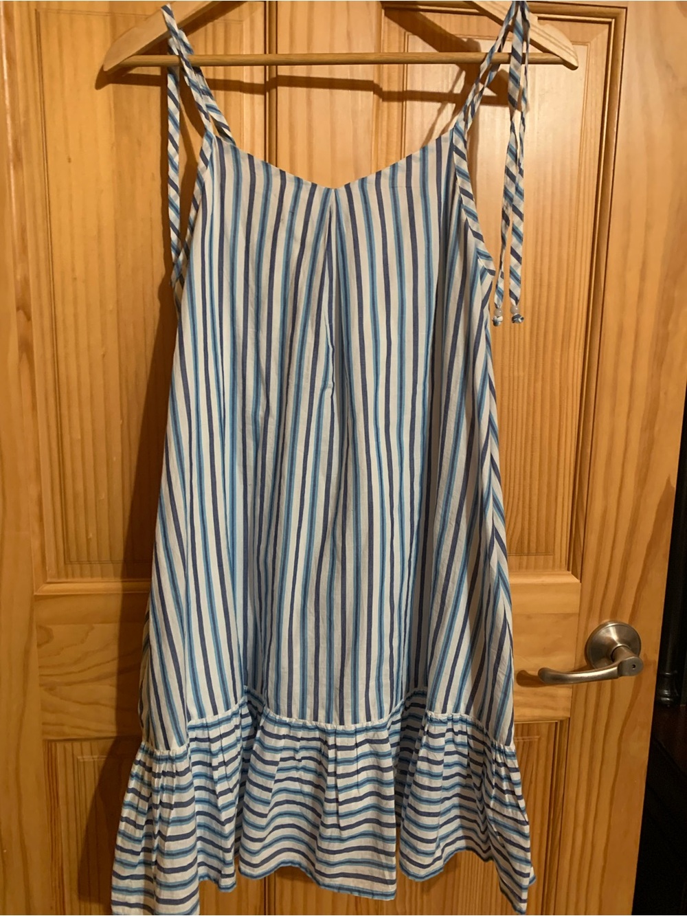 Girls' Blue Stripe Tie-Shoulder Sundress with pockets.